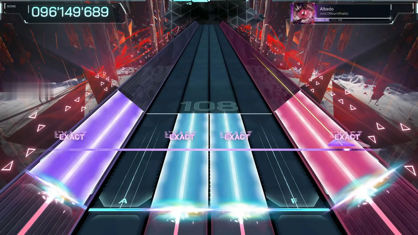 Four-way finale, combo 108 In Falsus Albedo ULT 10 finale at 096'149'689 with purple, cyan and pink beams and four EXACTs across the judgment line at combo 108