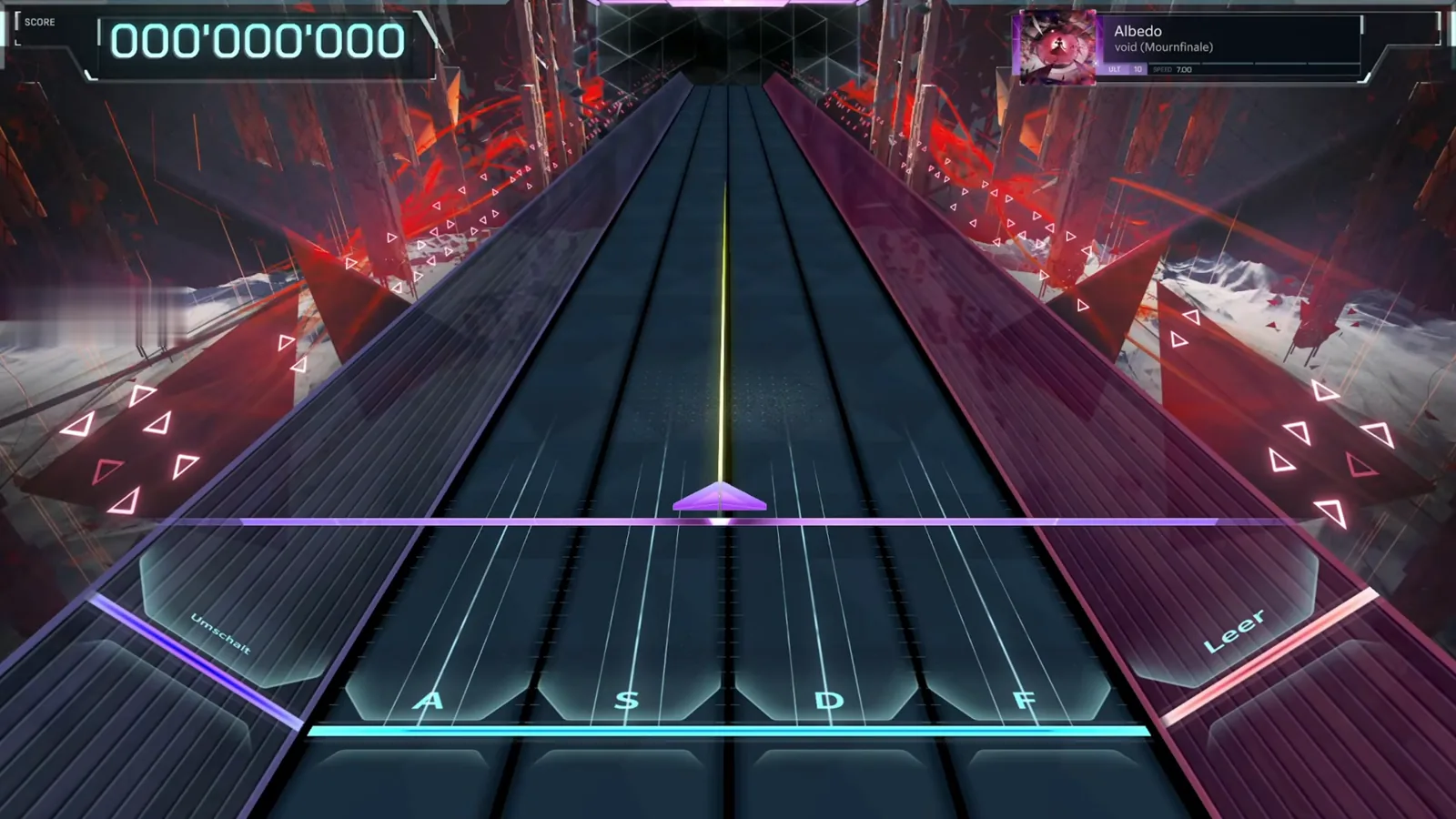 Opening wedge at 000'000'000 In Falsus Albedo ULT 10 opening with the score at 000'000'000, a purple wedge on the judgment line, a yellow beam line rising and the HUD reading ULT 10 · SPEED 7.00
