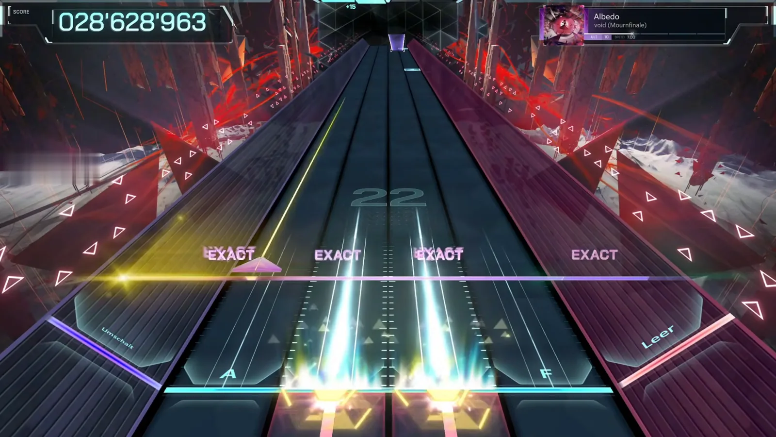 Quad EXACT with side-lane work In Falsus Albedo ULT 10 quad EXACT burst at 028'628'963 with a yellow beam working the left Umschalt side lane at combo 22