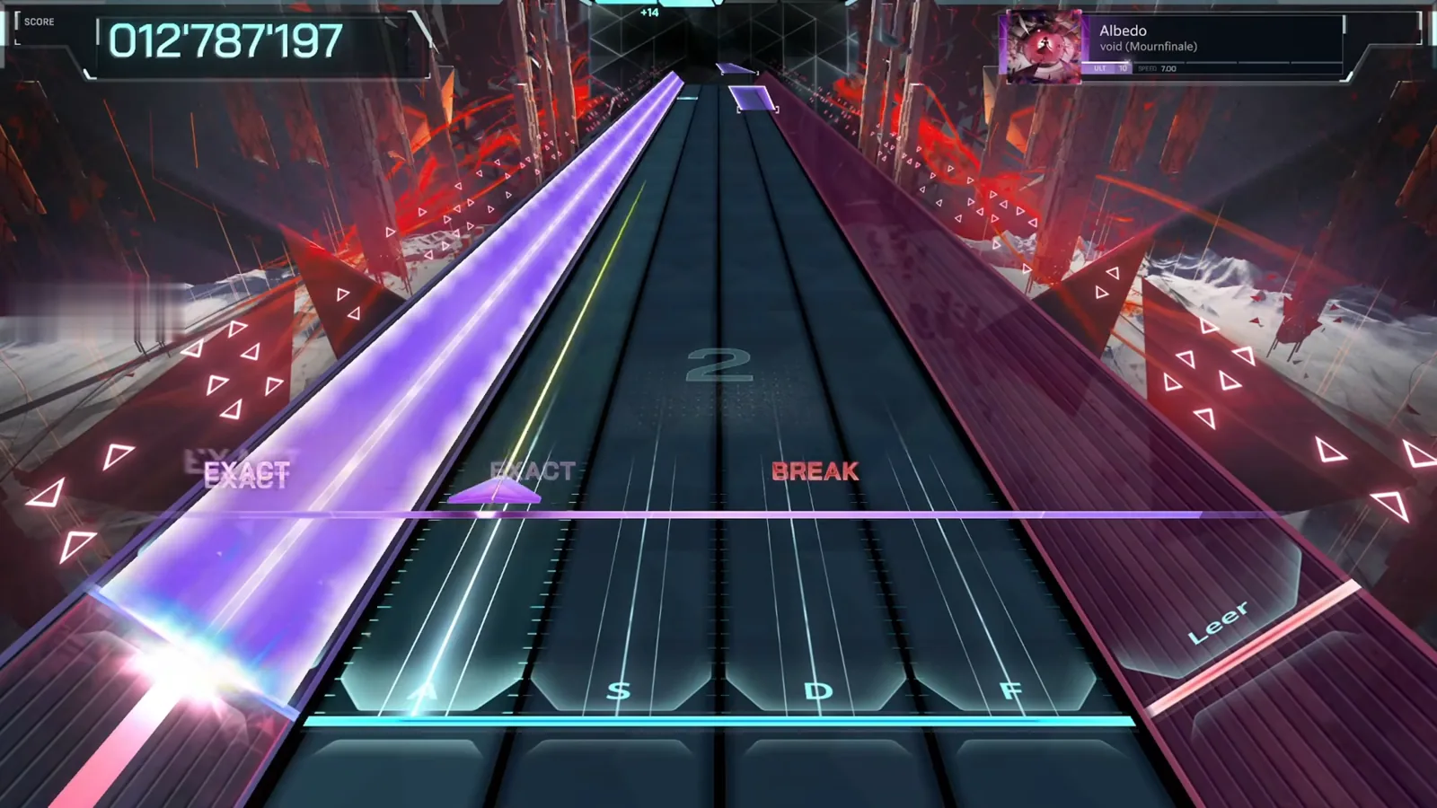 EXACT / EXACT / BREAK on one line In Falsus Albedo ULT 10 judgment line reading EXACT, EXACT, BREAK at 012'787'197 under a purple beam sweeping the left half of the highway
