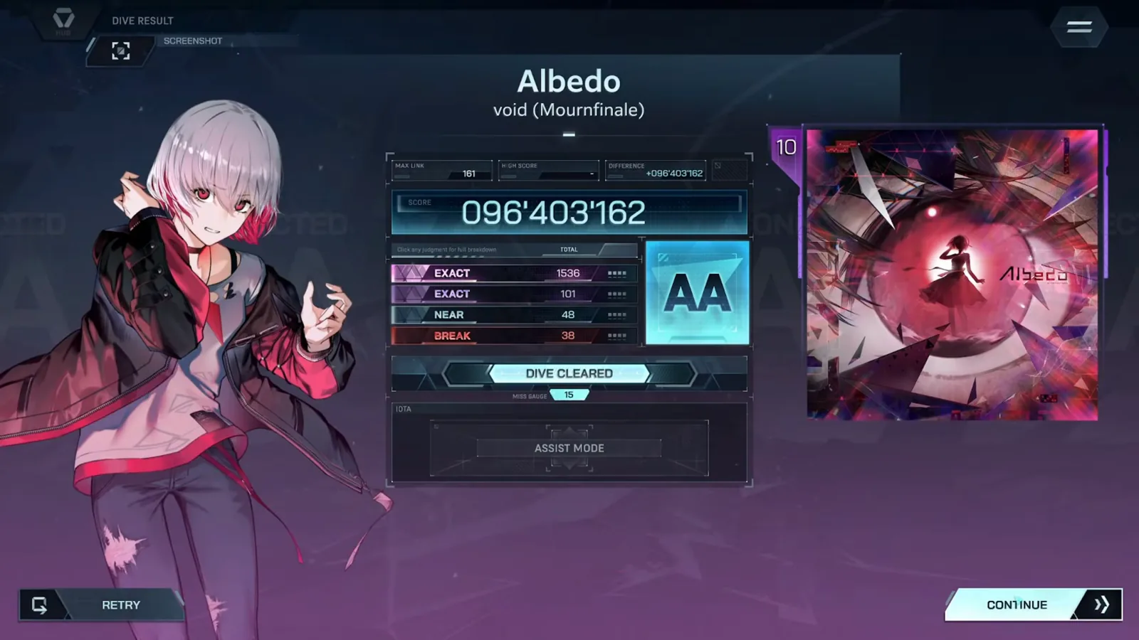 Result card — rank AA on 096'403'162 In Falsus Albedo settled DIVE RESULT card at 096'403'162 with rank AA, EXACT 1536 + 101, NEAR 48, BREAK 38, MAX LINK 161, MISS GAUGE 15 and an ASSIST MODE slot in the IOTA row
