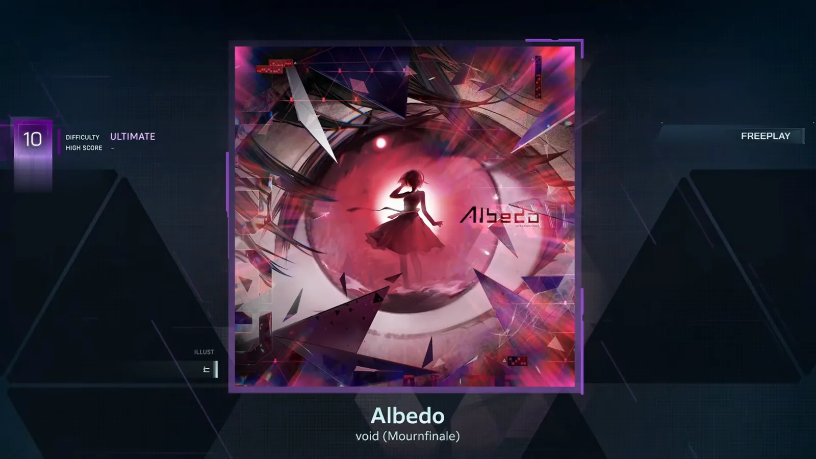 Detail screen — ULT 10, HIGH SCORE a dash In Falsus Albedo song detail screen with a ULT 10 badge, DIFFICULTY ULTIMATE, HIGH SCORE still a dash and the nameplate Albedo · void (Mournfinale)