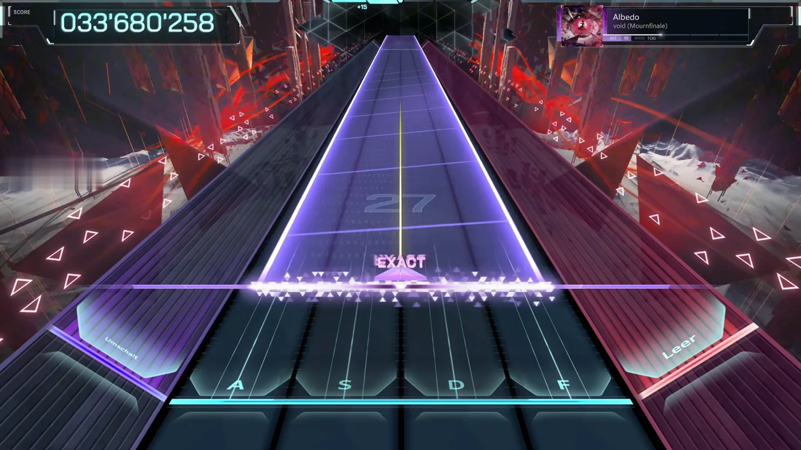 The highway-wide field slab In Falsus Albedo ULT 10 purple field slab spanning the whole highway at combo 27 with an EXACT at its base and a white spark fringe at 033'680'258