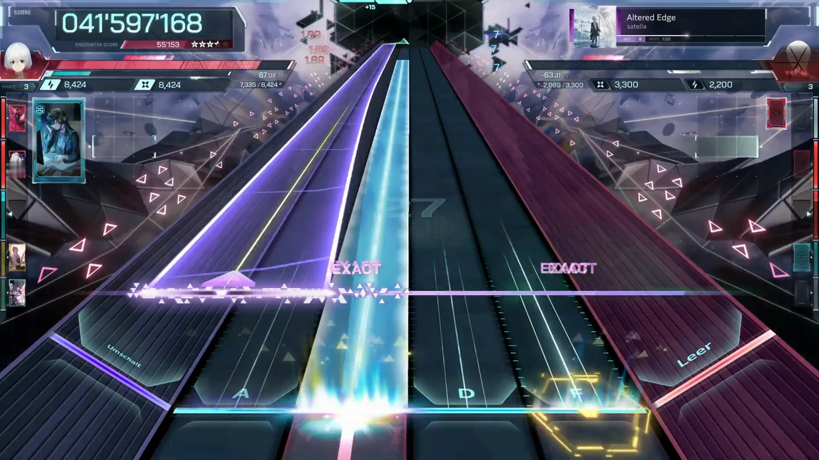 The twin-beam crossing In Falsus Altered Edge ULT 9 tall cyan center beam crossing a purple wall with a gold hexagon cell waiting at 041'597'168