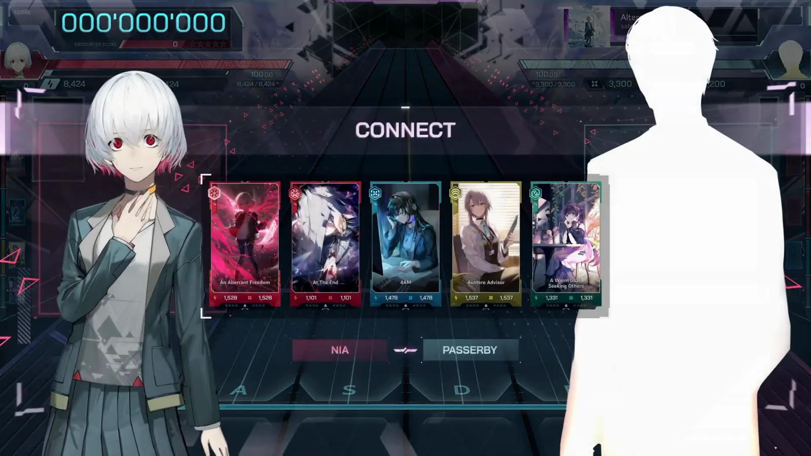 The CONNECT card rail In Falsus CONNECT intro for Altered Edge pairing NIA with the unrevealed PASSEDBY silhouette over five equipped memory cards at score 000'000'000