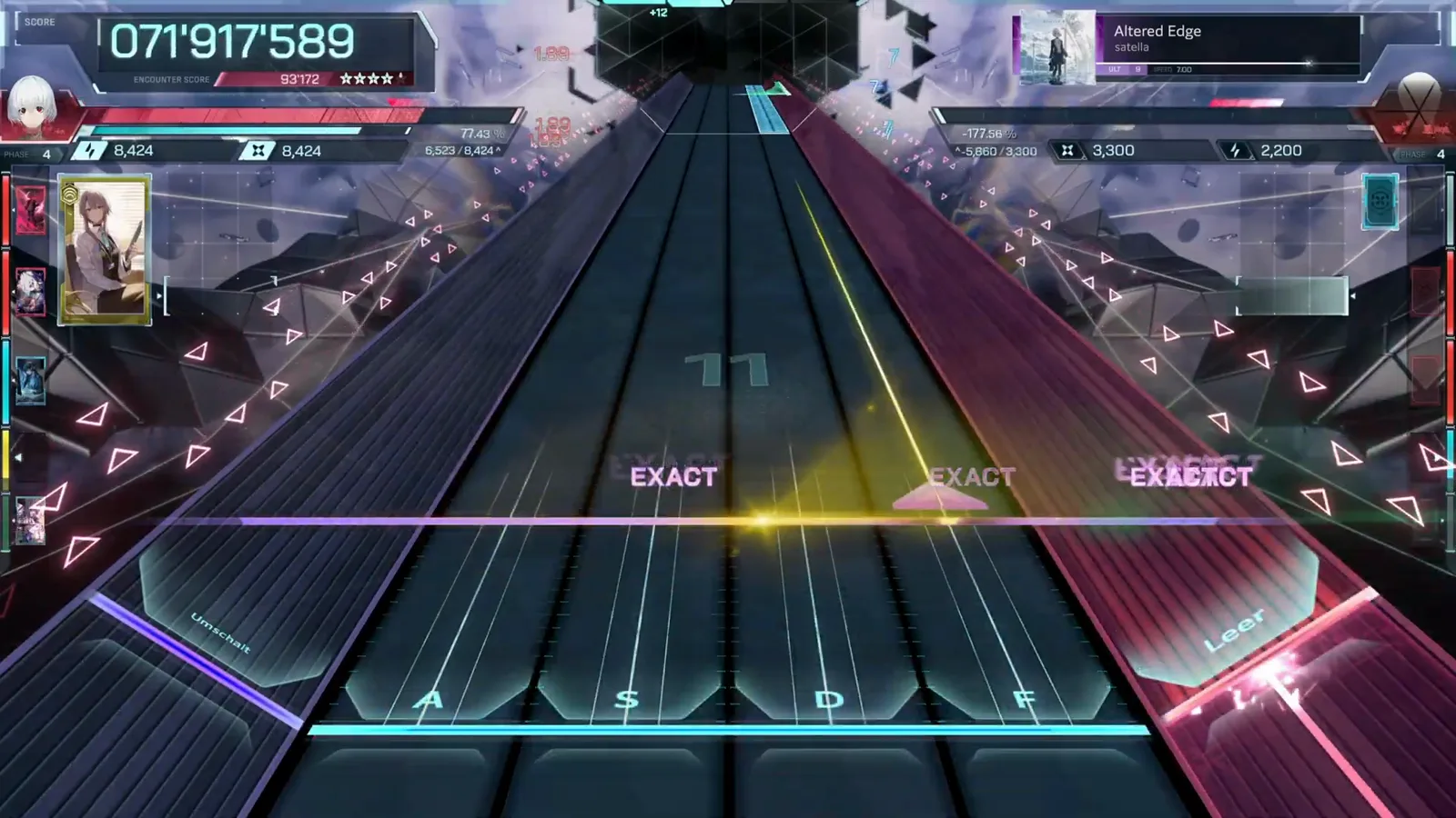 Flicks over the long hold In Falsus Altered Edge ULT 9 yellow flick diamond beside a long cyan hold with EXACT EXACT judgements landing at 071'917'589