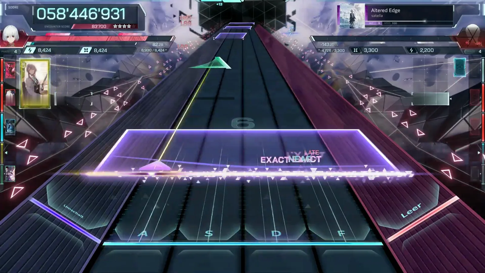 The full-width panel Altered Edge ULT 9 full-width purple panel spanning every lane in In Falsus with a green triangle note passing above at 058'446'931