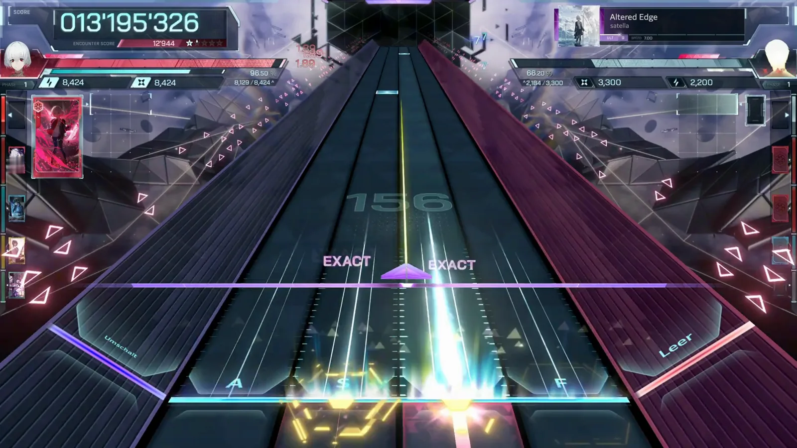 The gold hexagon field cells In Falsus Altered Edge ULT 9 gold hexagon field cells firing on the pads while a purple wedge judges EXACT at combo 156