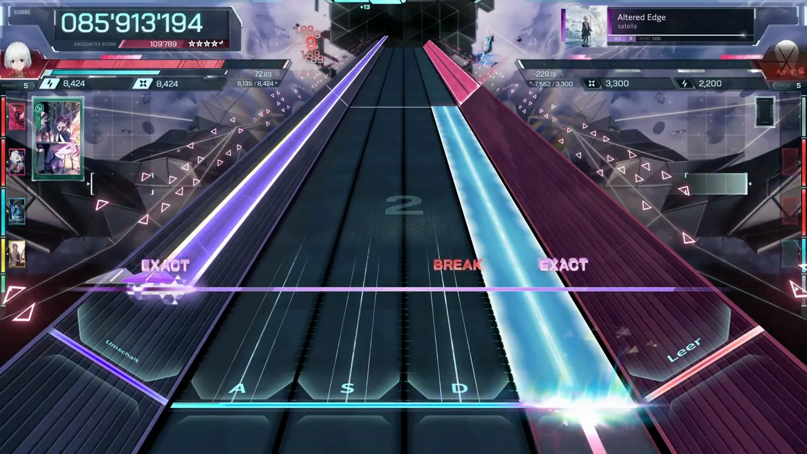 The late BREAK Altered Edge ULTIMATE 9 late red BREAK flashing between a purple wall and a cyan beam in In Falsus at 085'913'194
