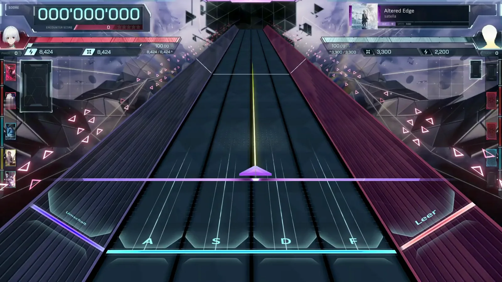Opening wedge at score zero Altered Edge ULT 9 opening in In Falsus with the first purple wedge riding lane D at 000'000'000 and the A S D F lanes under a SPEED 7.00 chip
