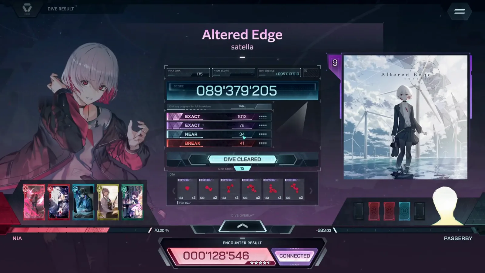 The cut-short result card In Falsus Altered Edge ULT 9 result card with EXACT 1012 + 76, NEAR 34, BREAK 41, MAX LINK 175 and the CONNECTED encounter chip