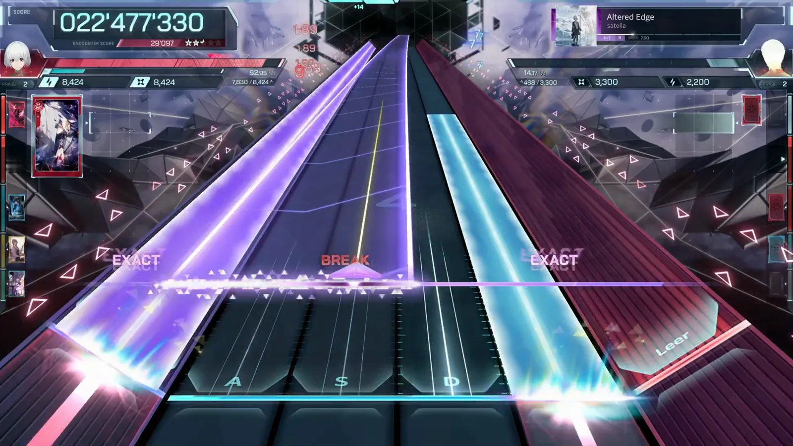 The side-lane hold Altered Edge ULTIMATE 9 side-lane hold in In Falsus riding the F pad under a wide purple wedge while a red BREAK lands at 022'477'330