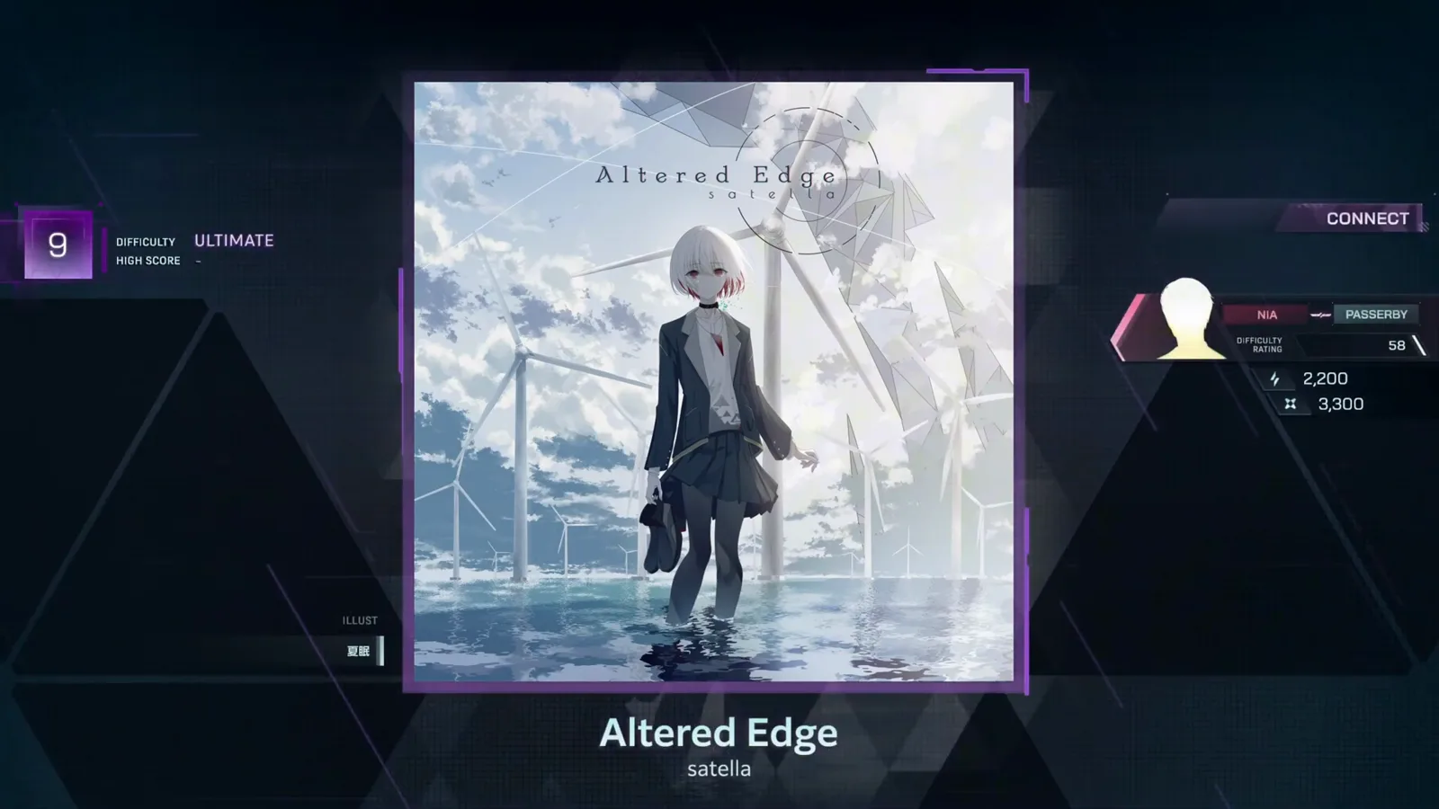 Altered Edge detail screen — ULTIMATE 9 In Falsus Altered Edge song detail screen showing DIFFICULTY ULTIMATE 9, a HIGH SCORE dash and the CONNECT panel pairing NIA with PASSEDBY