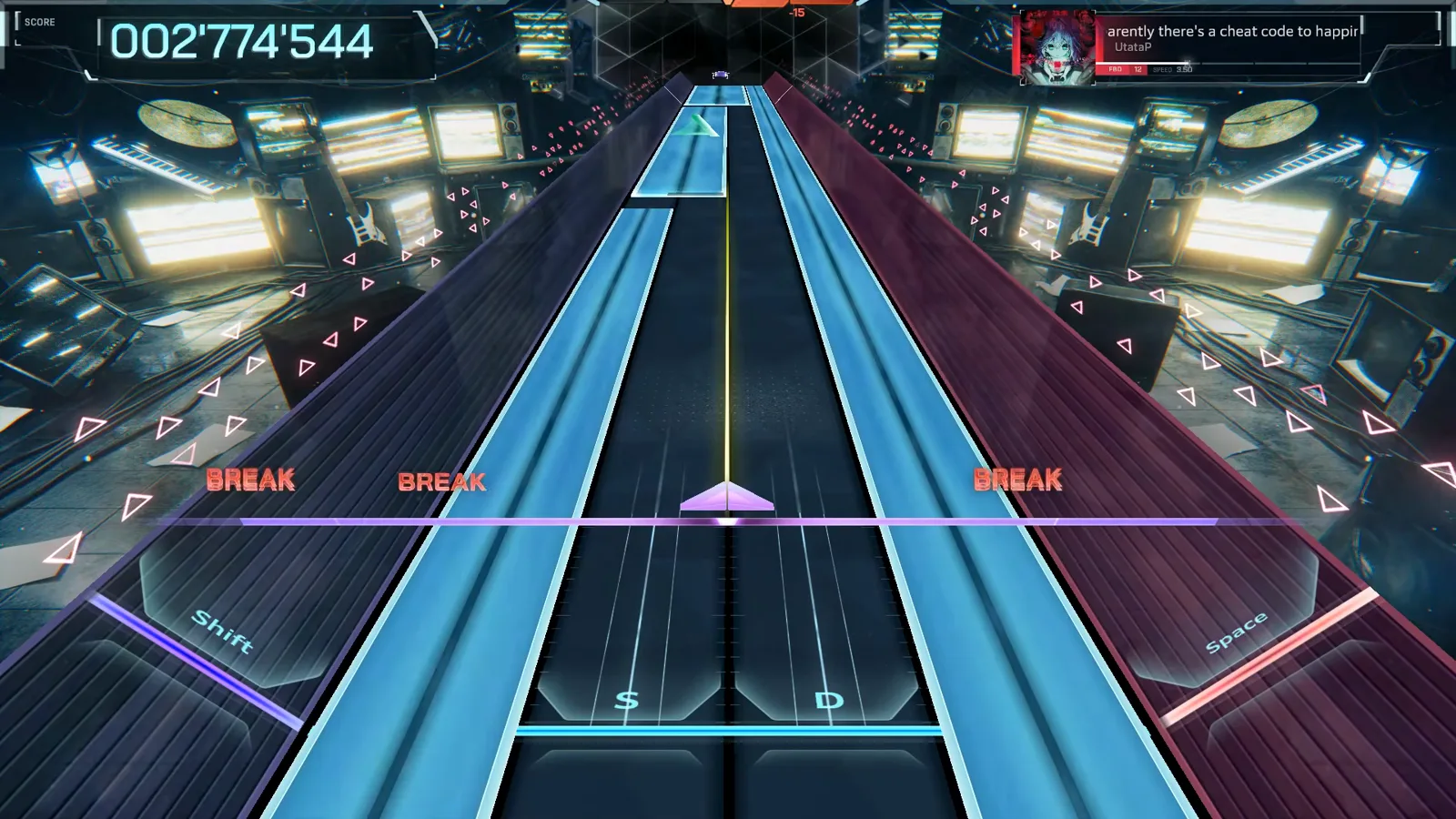 A calmer verse figure in In Falsus's Apparently FBD 12: blue beams frame the S and D lanes at 002'774'544