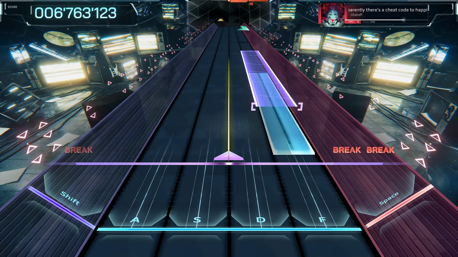 Violet brackets mark a mid-song hold over the D and F lanes of In Falsus's Apparently FBD 12 at 006'763'123