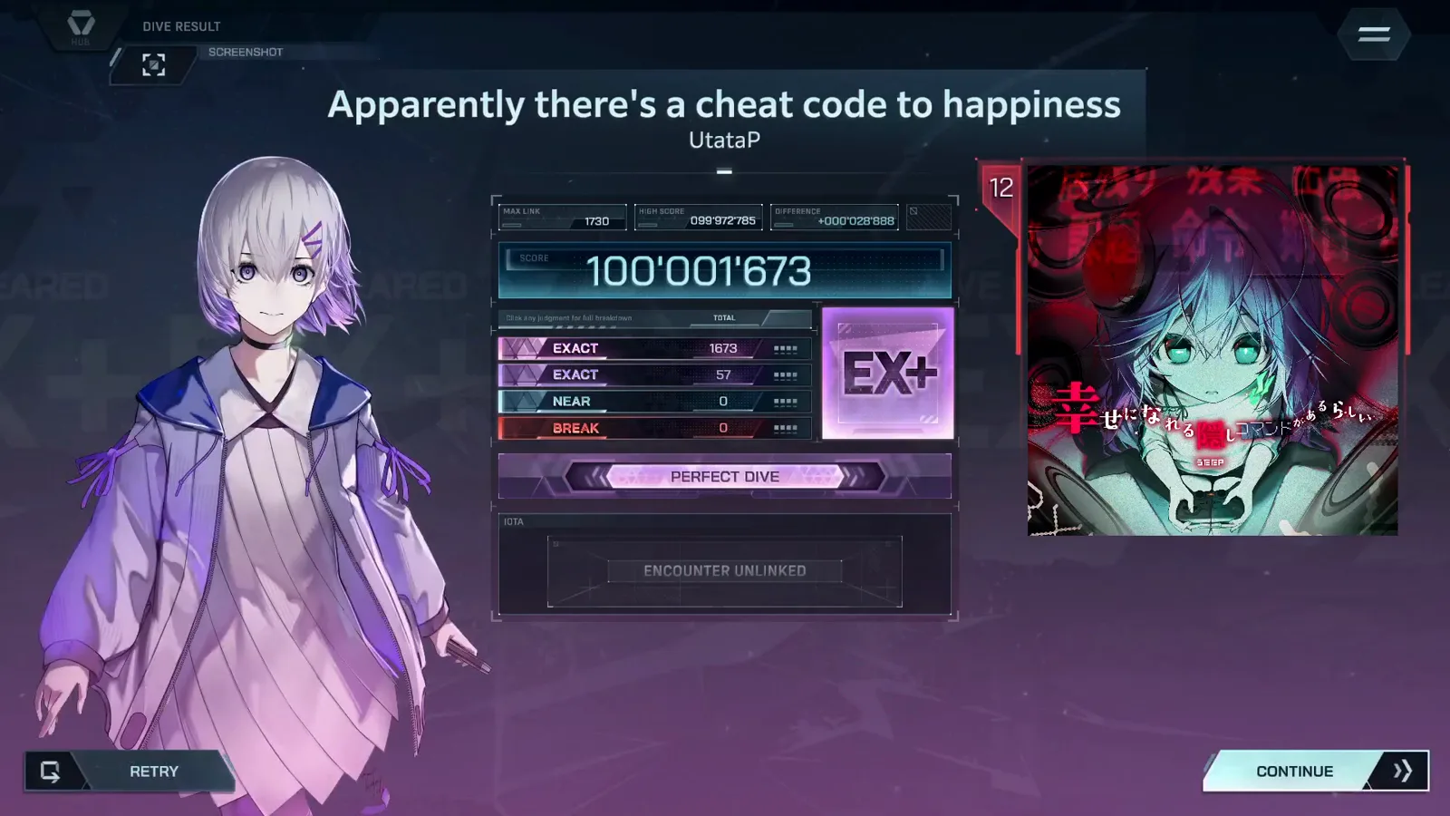 In Falsus result card for Apparently: 100'001'673, rank EX+, EXACT 1673 + 57, NEAR 0, BREAK 0, PERFECT DIVE