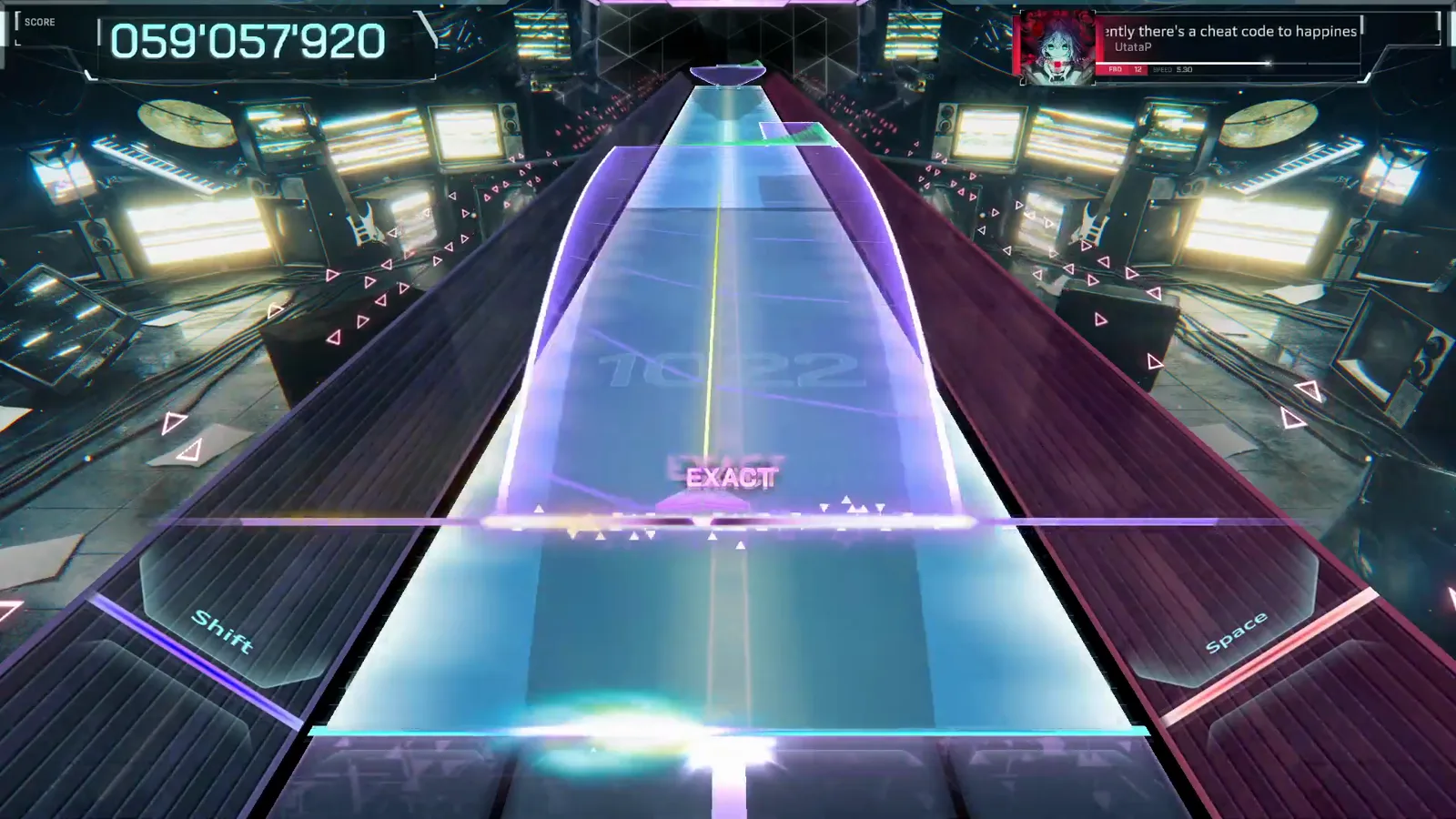 A violet field panel covers the full highway at 059'057'920 in Dotori's FBD 12 Perfect Dive of Apparently