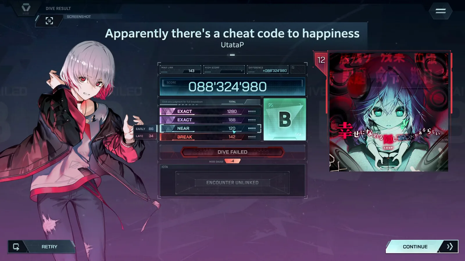 Trappy's In Falsus sightread of Apparently FBD 12 ends DIVE FAILED at rank B — 088'324'980 and 1,588 EXACT on the card
