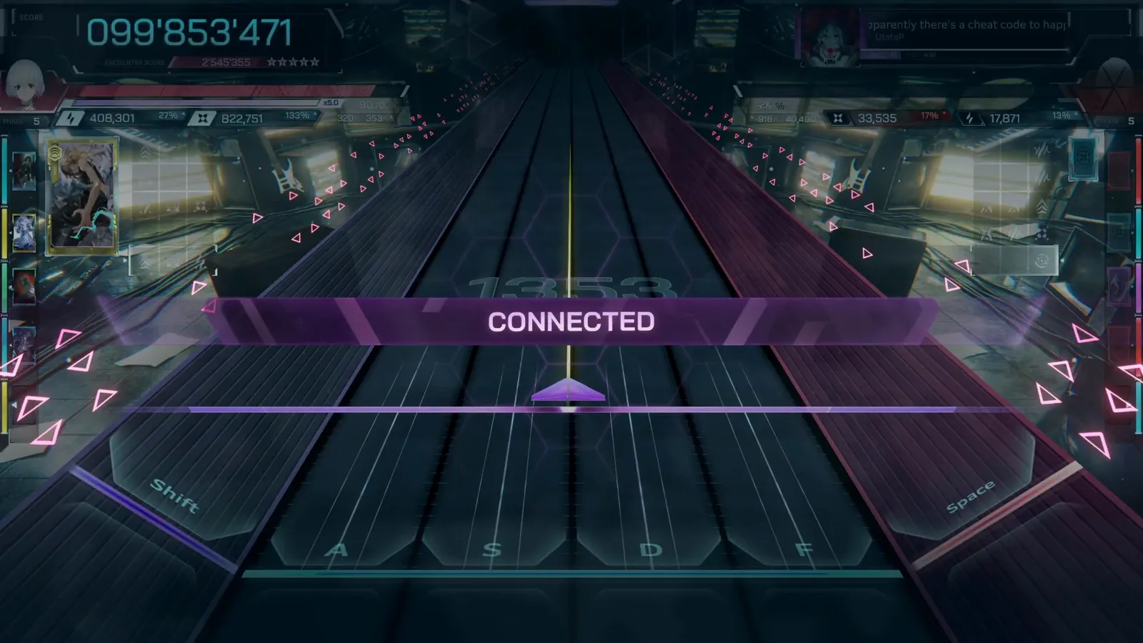 CONNECTED banner over the settled counter 099'853'471 with the faint combo 1353 above it at the end of Apparently ULT 10 in In Falsus