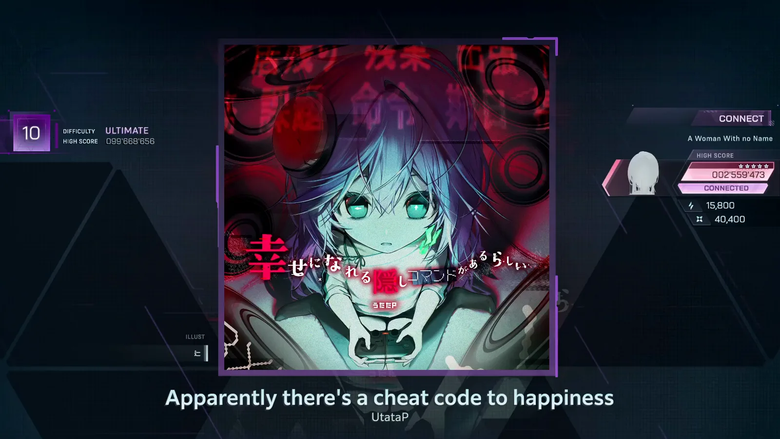 In Falsus song detail screen for Apparently there's a cheat code to happiness by UtataP at DIFFICULTY ULTIMATE 10 with HIGH SCORE 099'668'656 already banked