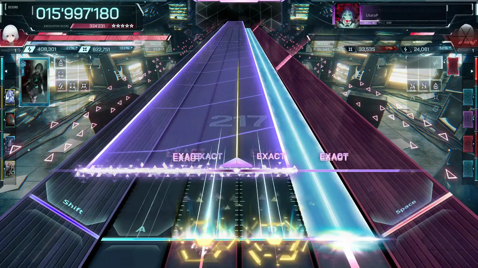 Combo counter at 217 under twin violet and cyan beams in In Falsus's Apparently ULT 10 chart at 015'997'180