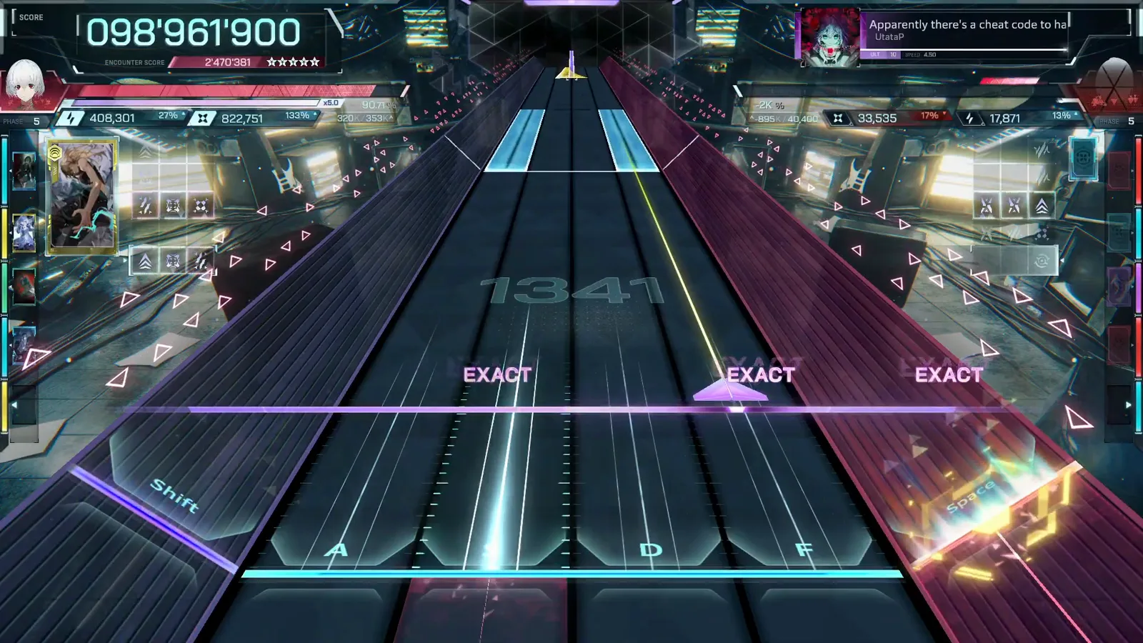 Final stretch of Apparently ULT 10 in In Falsus at combo 1341 with cyan side-rail holds and a gold flick wedge at 098'961'900