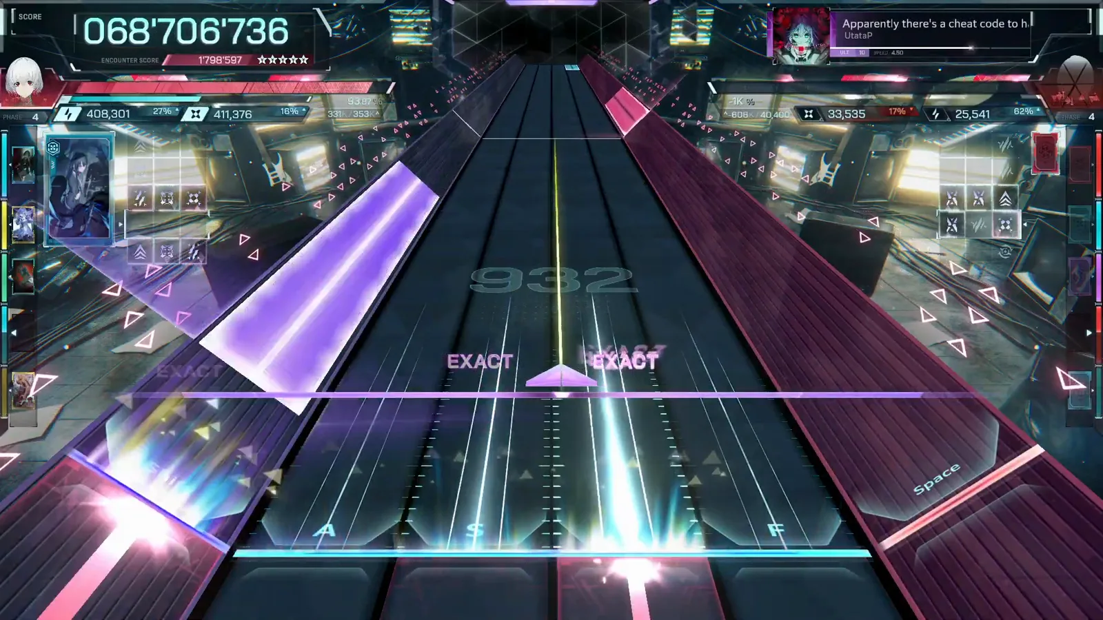 Late-chart violet wide beam at combo 932 as the In Falsus HUD reads 068'706'736 on Apparently ULT 10
