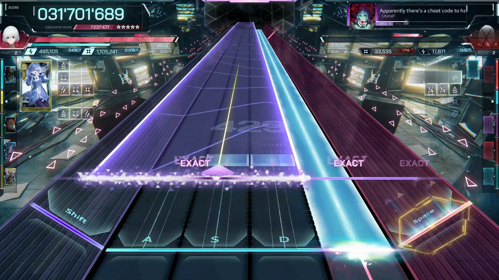 Widest violet beam of the run at combo 425 in In Falsus Apparently ULT 10 with a gold hex ring on the Space keystone at 031'701'689