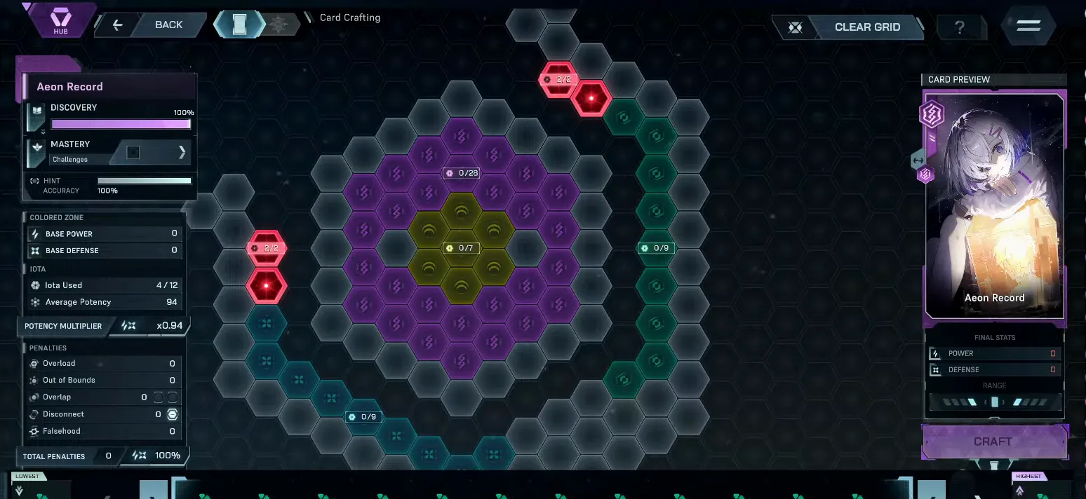 In Falsus's card crafting board with Iotas placed across the hex grid to build a Card's Power and Defense