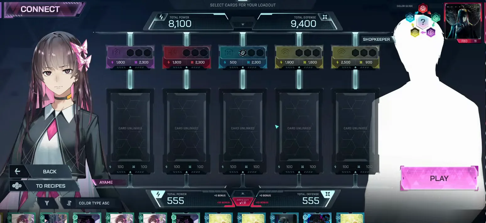 In Falsus's Connect loadout screen showing five Card slots and Total Power 8,100 against Total Defense 9,400