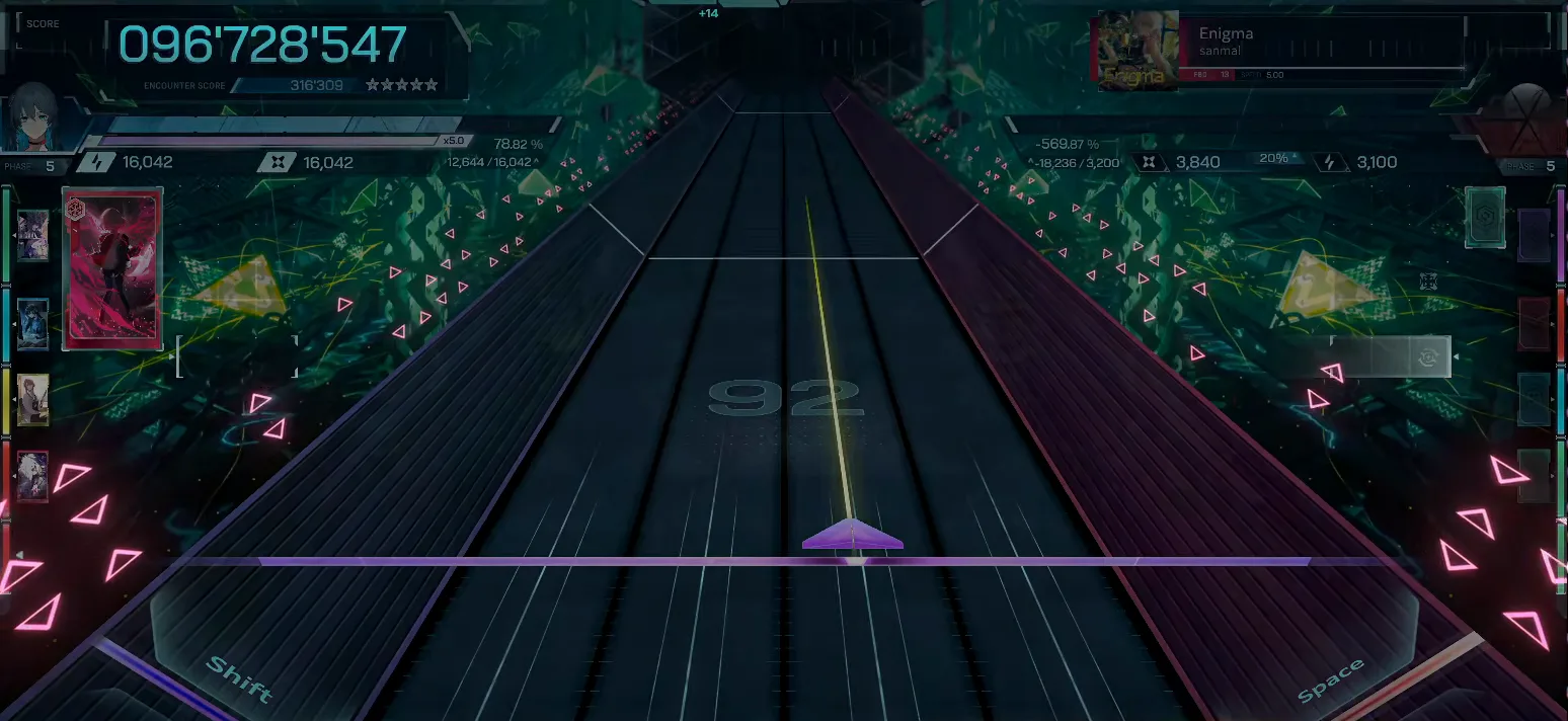 In Falsus gameplay of the Enigma FBD 13 chart with notes streaming down the six-lane highway