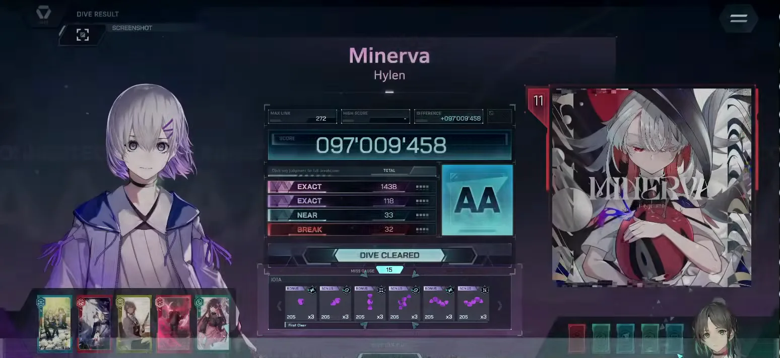 In Falsus result screen showing an AA clear of Minerva with the DIVE CLEARED banner
