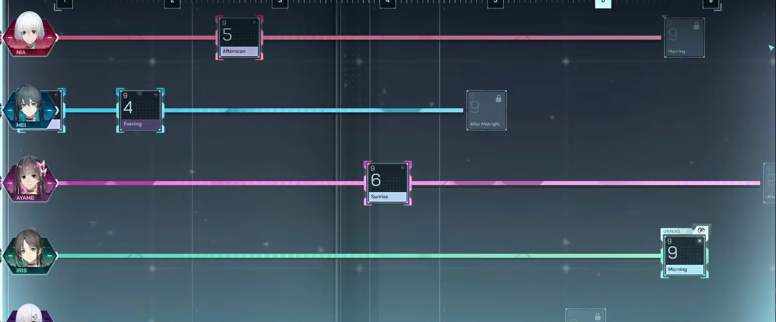 In Falsus's Scenario Timeline showing the A Past Best Untold arc header with early day nodes and unread entries