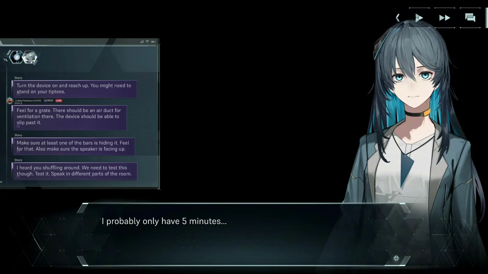 インファルサスの Connect チャット画面。Arc 3 のキャラクター間のストーリーメッセージが並んでいる