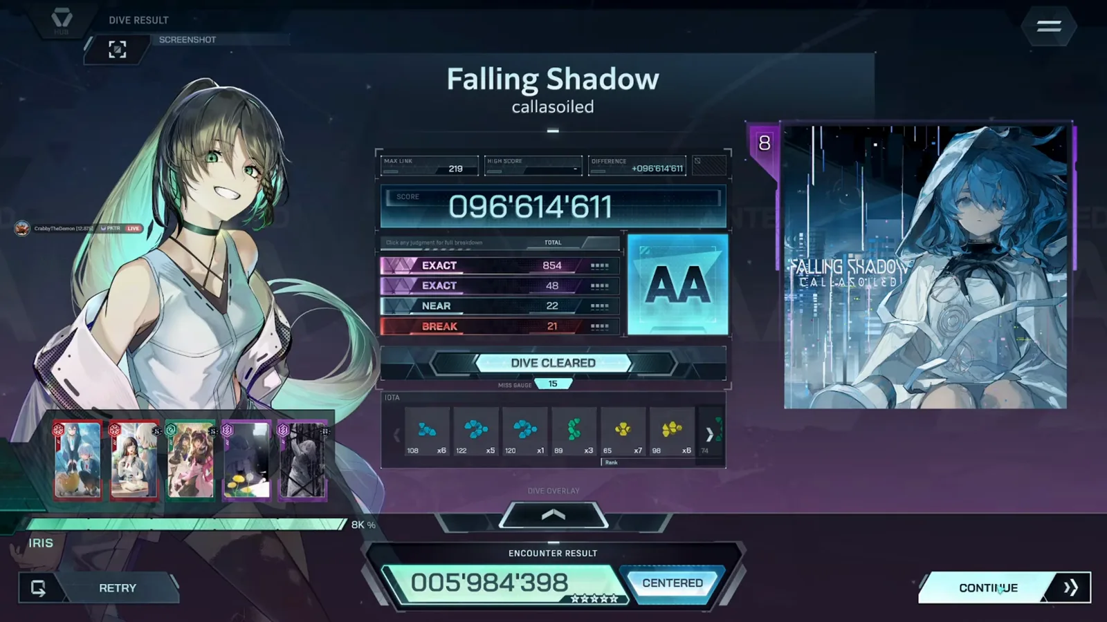 インファルサスの楽曲選択パネル。Arc 3 解禁直後の Falling Shadow の譜面レベルとプレイ記録が表示されている