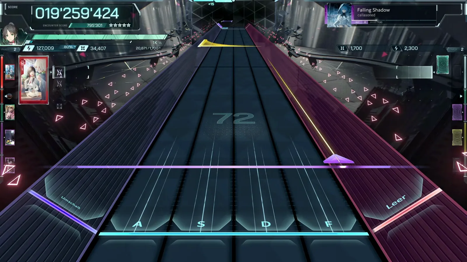 インファルサスのプレイ画面。Arc 3 で最初に解禁される曲 Falling Shadow がレーンの上で始まるところ