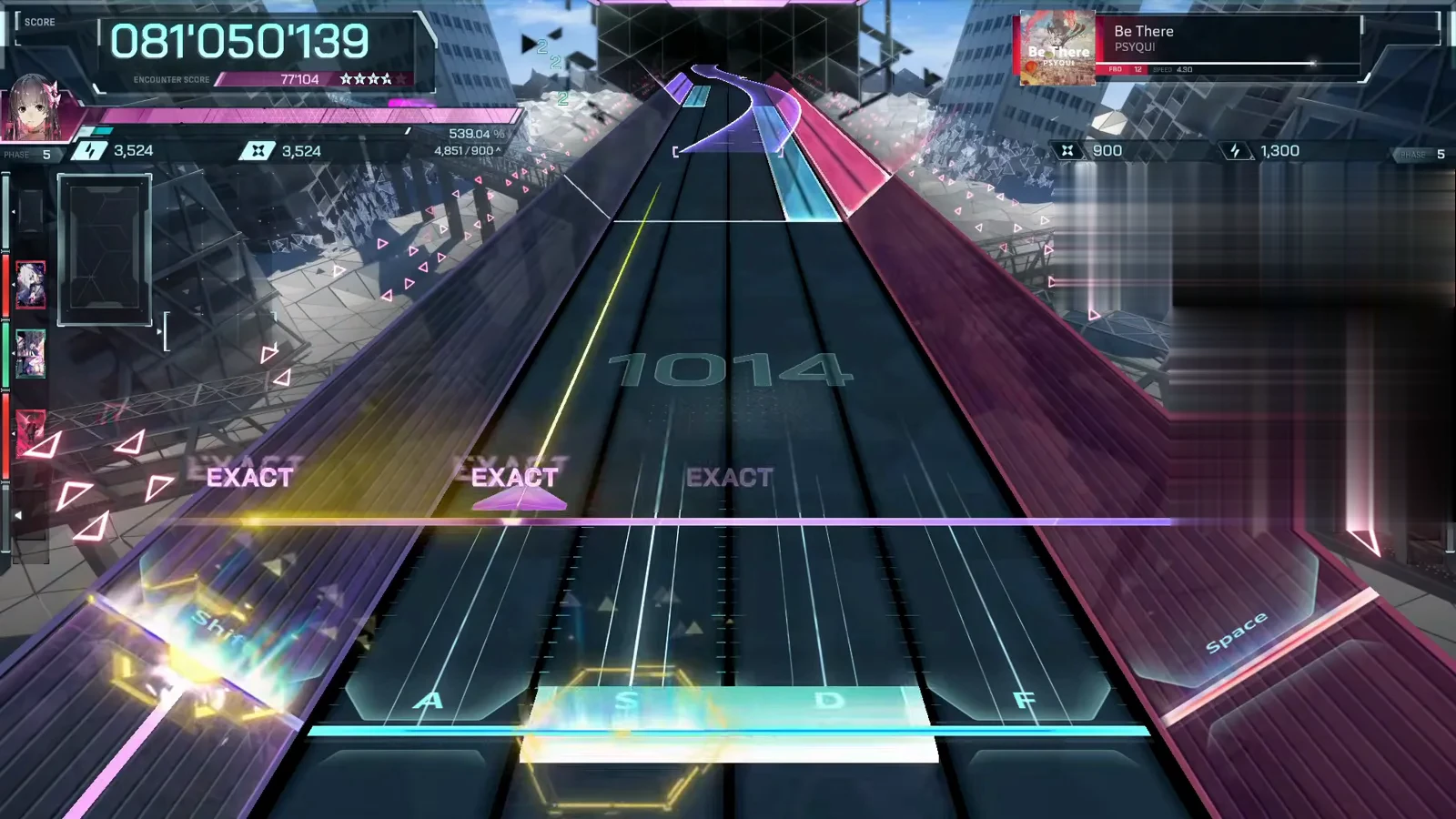 Cyan slab, flick streaks In Falsus Be There FBD 12 endgame ramp with a cyan field panel spread across the S and D lanes, yellow flick streaks crossing in, and three EXACT tags at score 081'050'139, combo watermark 1014