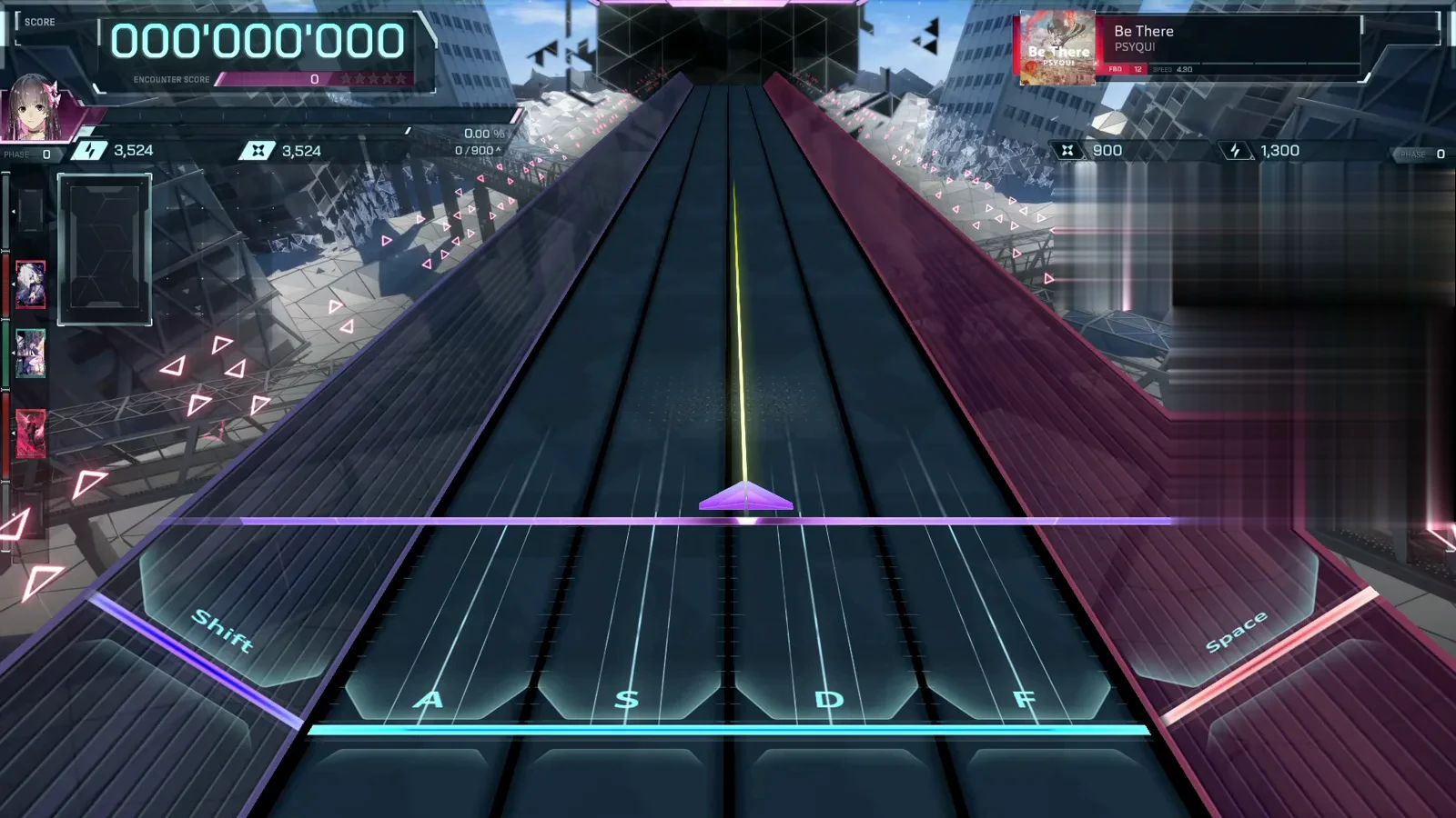 Highway ready, FBD 12 confirmed In Falsus empty highway before Be There FBD 12 at 000'000'000 with lane labels Shift, A, S, D, F, Space and the song panel reading Be There, PSYQUI, FBD 12, SPEED 4.30