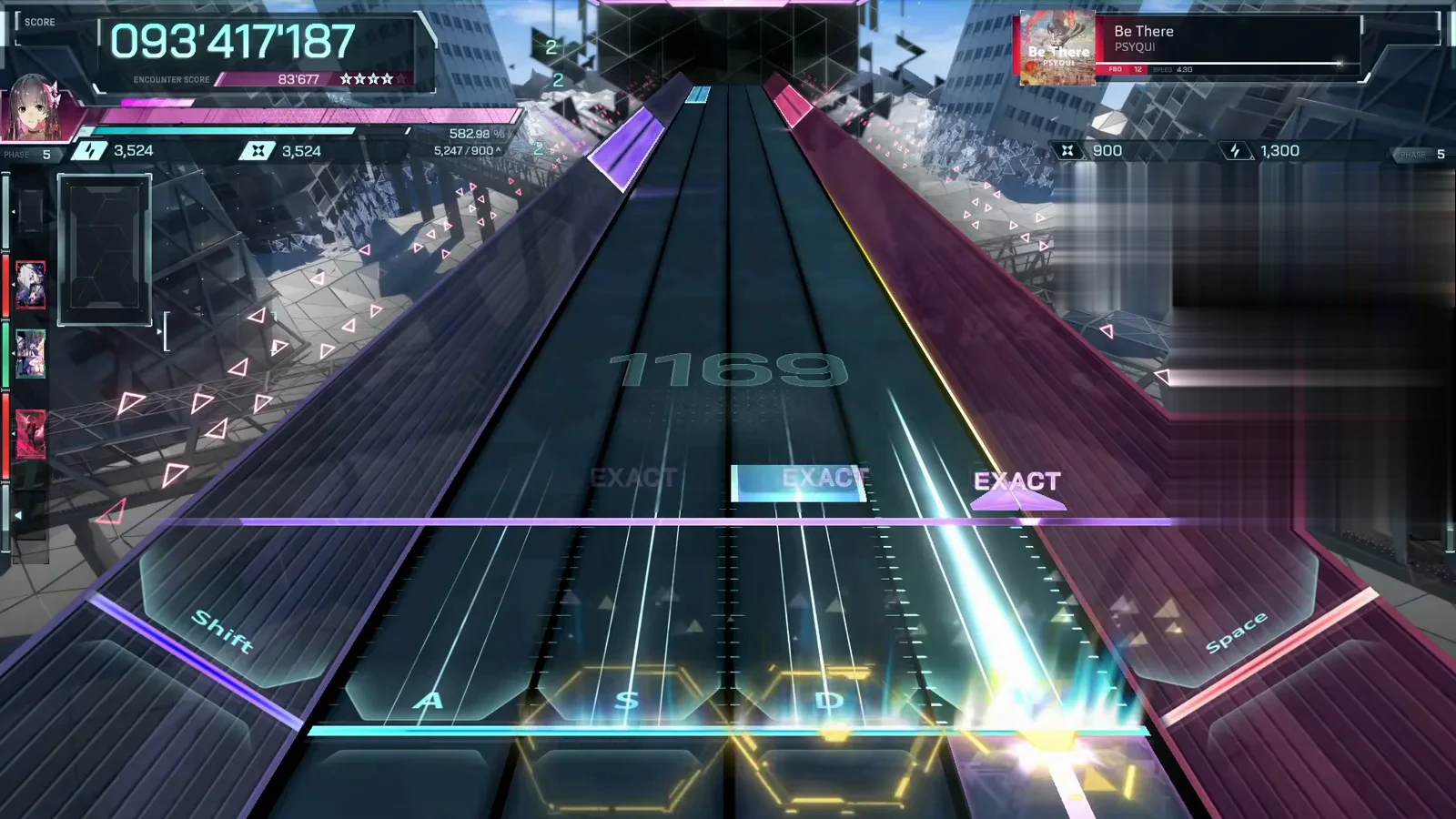 The gold hex walls In Falsus Be There FBD 12 late game with triple gold hex outlines pacing the S, D and F keystones while a violet hold and a yellow flick cross the line at score 093'417'187, combo watermark 1169