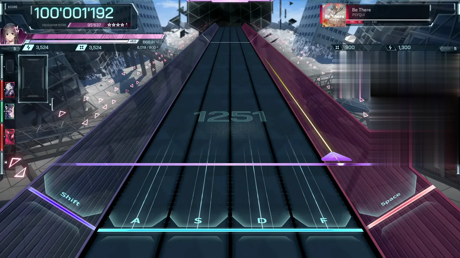 1,251 on the empty highway In Falsus Be There FBD 12 empty highway with the combo watermark 1251 across the lanes and the HUD frozen at 100'001'192 over an ENCOUNTER SCORE rail of 95,637