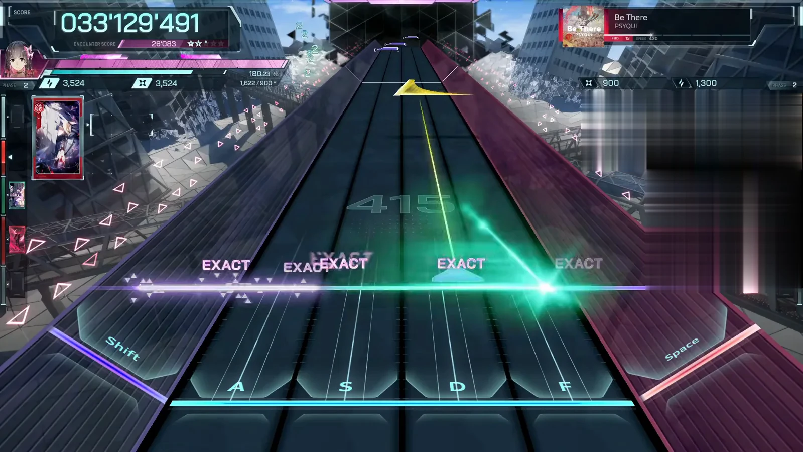 Gold flick, green cross In Falsus Be There FBD 12 mid-section with a yellow flick line diving into a green cross spark on the judgement line and four EXACT tags at score 033'129'491, combo watermark 415