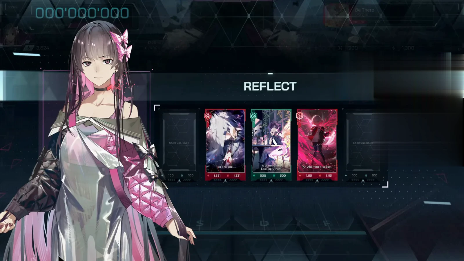 REFLECT loadout In Falsus REFLECT loadout for Be There FBD 12 showing three cards — At The End, A Way of Seeking Others. and An Aberrant Freedom — beside two CARD UNLINKED slots, with AYAME on the left
