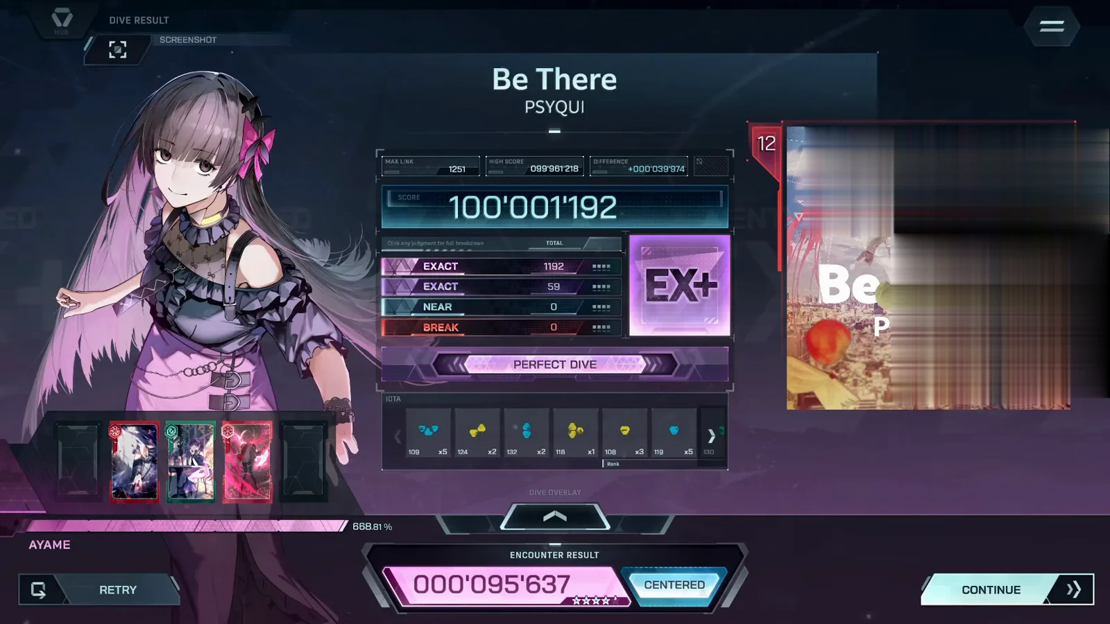 DIVE RESULT, rank EX+ In Falsus Be There FBD 12 DIVE RESULT screen with rank EX+, score 100'001'192, MAX LINK 1251, HIGH SCORE 099'961'218, DIFFERENCE +000'039'974, EXACT 1192 + 59, NEAR 0, BREAK 0 and ENCOUNTER RESULT 000'095'637 with the CENTERED chip