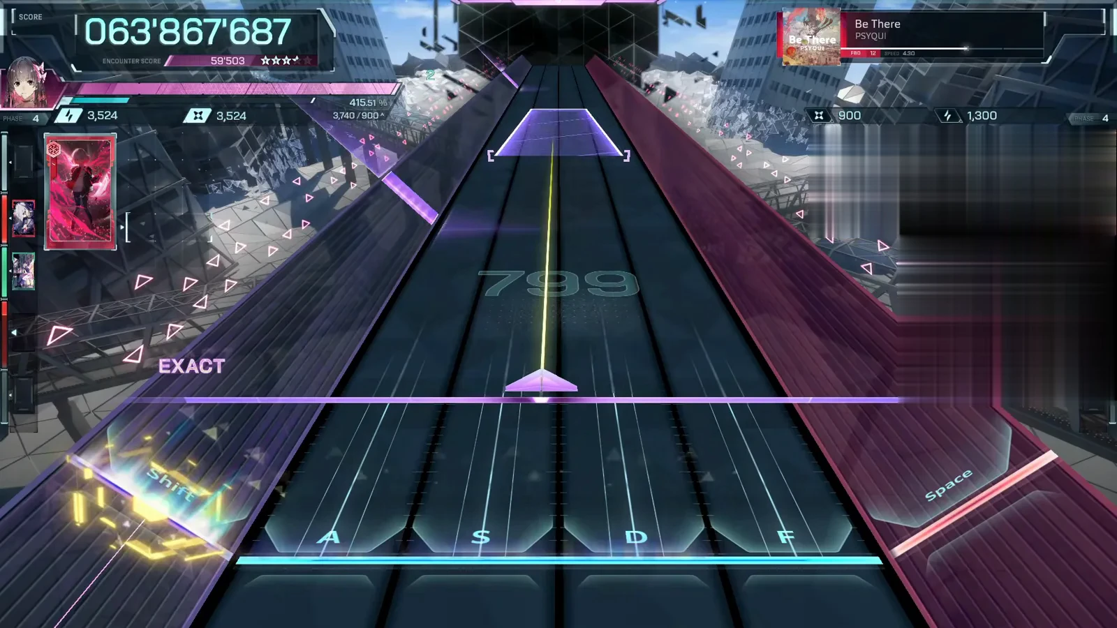 The violet diamond hold In Falsus Be There FBD 12 in PHASE 4 with a violet diamond-shaped hold centered over the highway and a yellow scratch line running through it, an EXACT on the Shift side, score 063'867'687