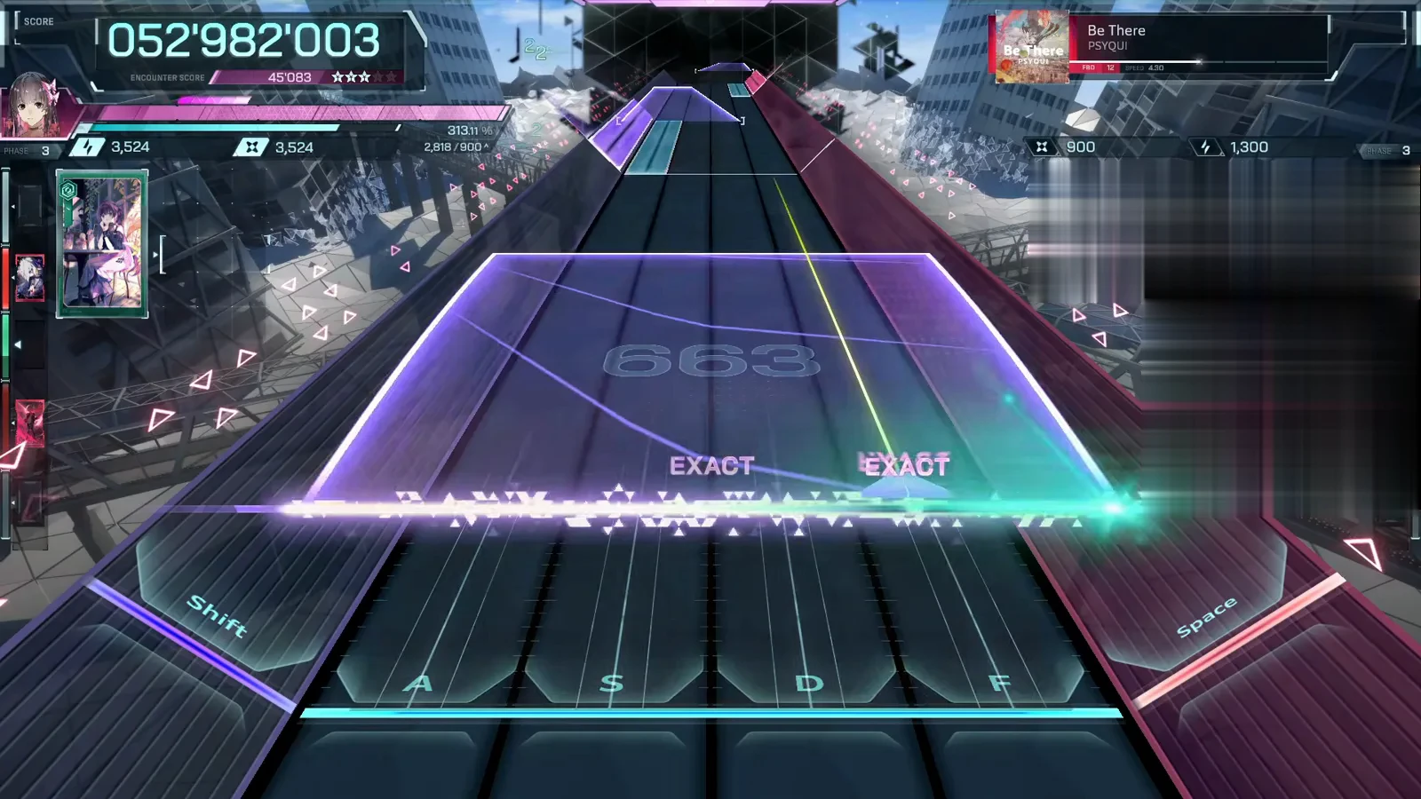 Full-width violet field panel In Falsus Be There FBD 12 with a translucent violet field panel covering the full A to F width and an EXACT pair waiting at the judgement line, score 052'982'003, combo watermark 663