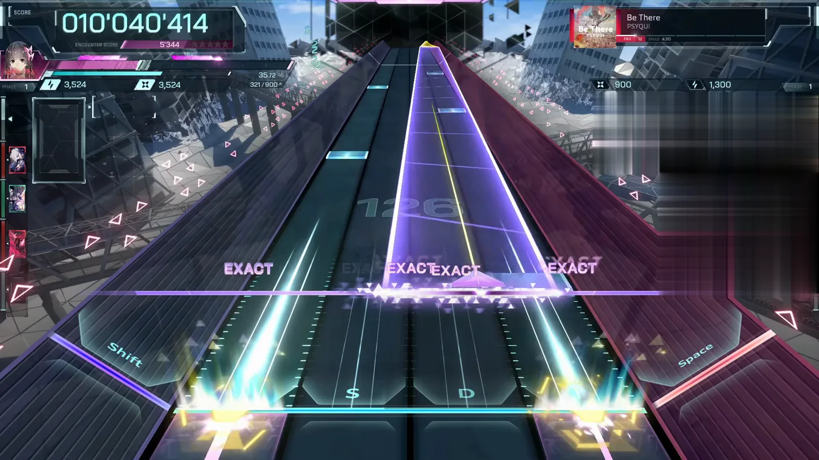 The wide violet beam In Falsus Be There FBD 12 with a wide violet beam spanning the center lanes under a four-wide EXACT row and gold flick bursts at both bottom keystones, combo watermark 126