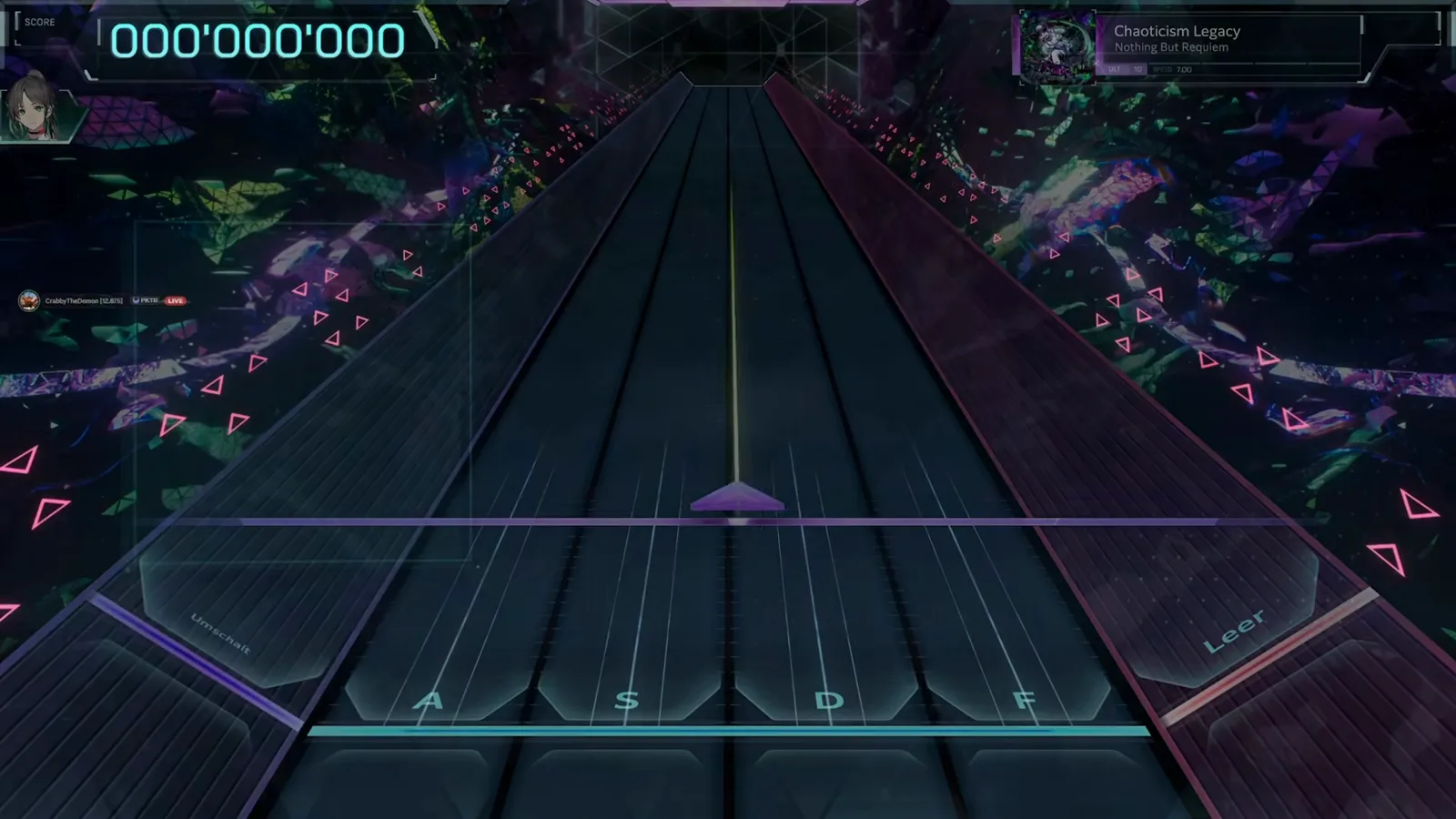 ダイブ開始 · ULTIMATE 10 インファルサスの Chaoticism Legacy ダイブ開始場面。Nothing But Requiem の楽曲カードと、A S D F レーンの判定ライン上に置かれた最初の紫色ノーツ