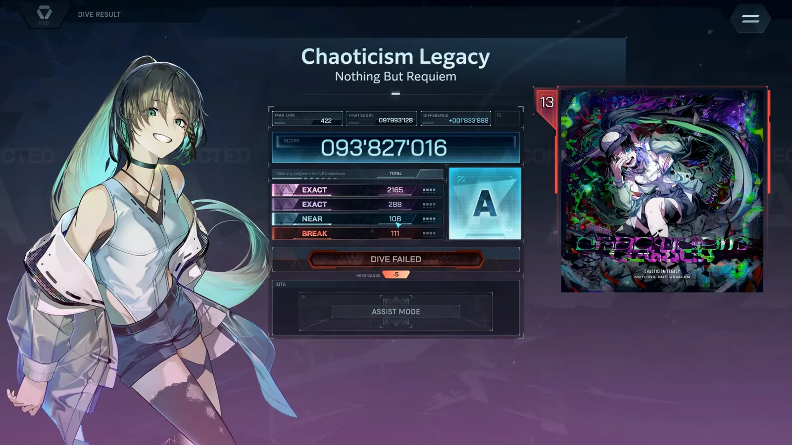 FBD リザルト:ランク A で DIVE FAILED インファルサス Chaoticism Legacy FBD 13 のリザルト画面。ランク A、スコア 093'827'016、DIVE FAILED、判定ノーツ 2,535