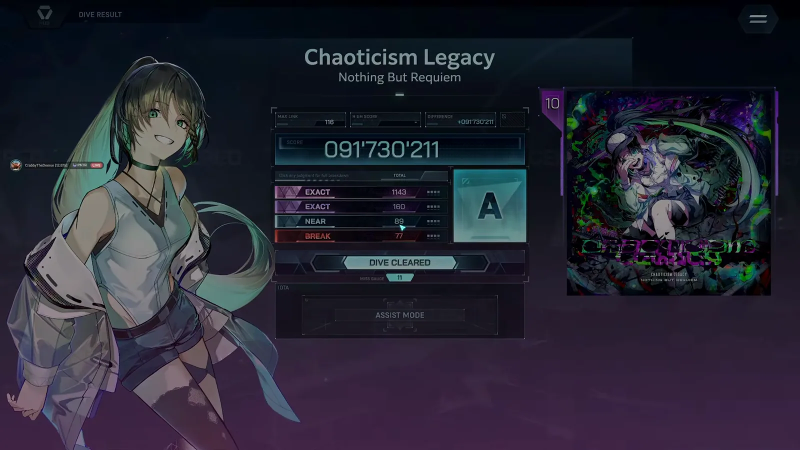 リザルト:ランク A インファルサス Chaoticism Legacy ULT 10 のリザルト画面。ランク A、スコア 091'730'211、EXACT・NEAR・BREAK の内訳