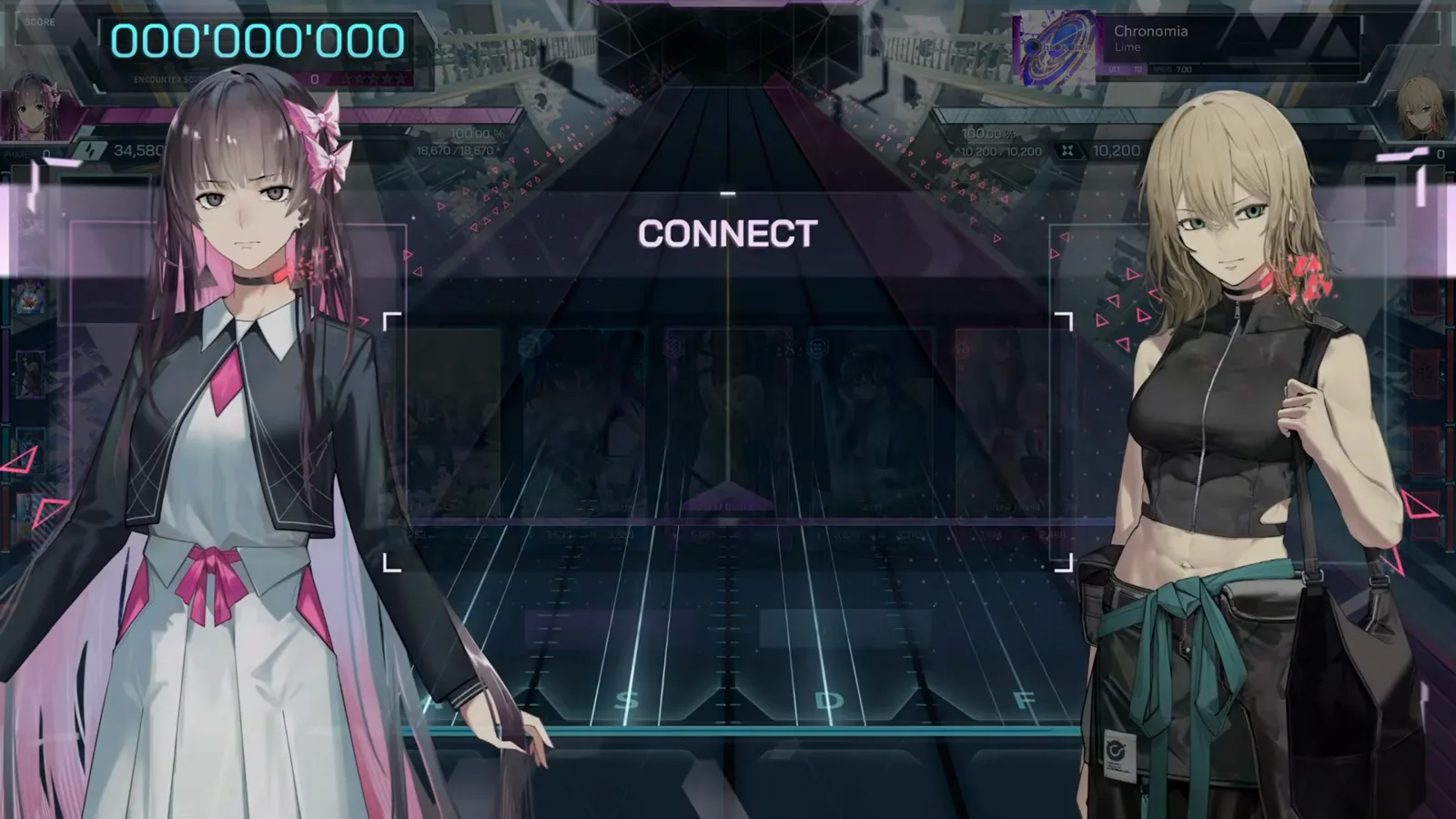 The CONNECT duel, AYAME vs ARIA In Falsus Chronomia ULT 10 CONNECT screen with AYAME and ARIA flanking the empty highway at 000'000'000 and both encounter gauges reading 100.00%